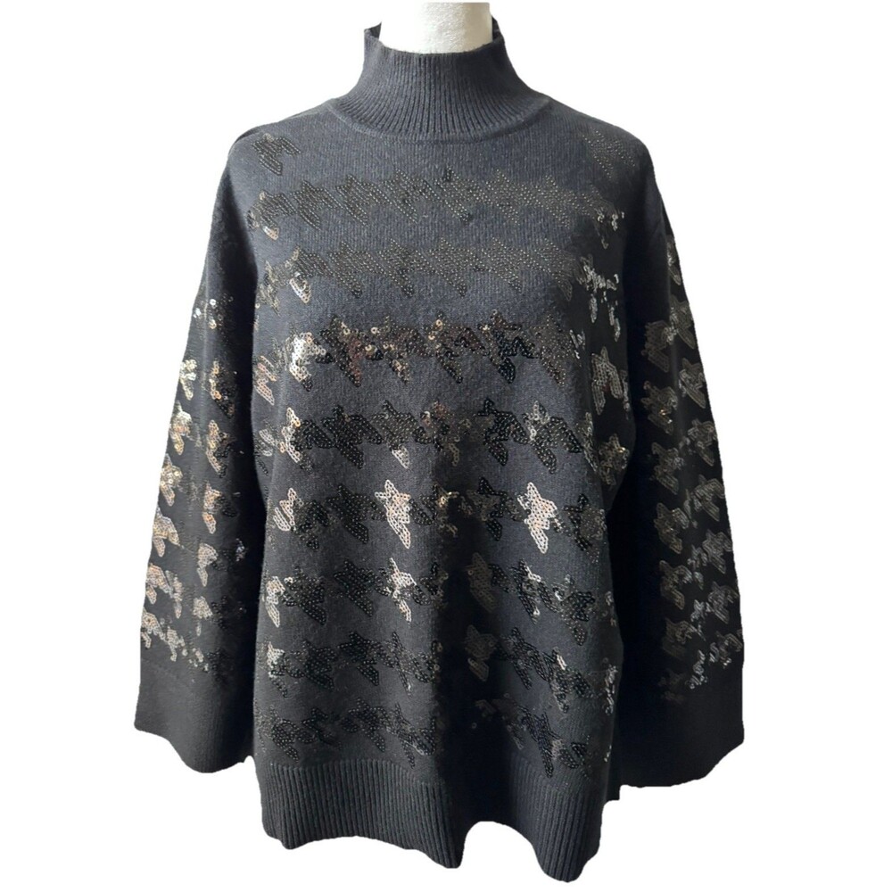 NWT Anne Klein Sequin Houndstooth Mock Neak Sweater L Bell Sleeve Black Party